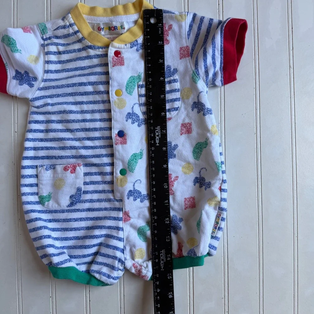 Vintage 90s Gymboree Baby Romper Primary Colors Striped Animal Print 100% Cotton